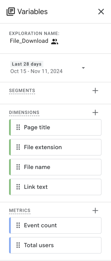 Variables setting showing dimensions settings: page title, file extension, file name, and link text. Metrics settings: event count and total users. 